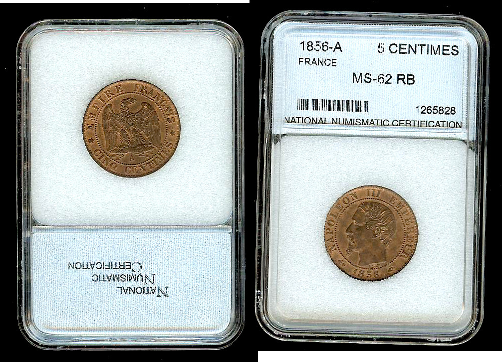 Cinq centimes Napoléon III, tête nue 1856 Paris SPL+